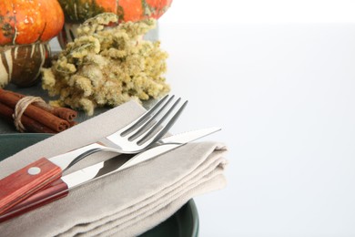 Beautiful table setting with autumnal decor on white background