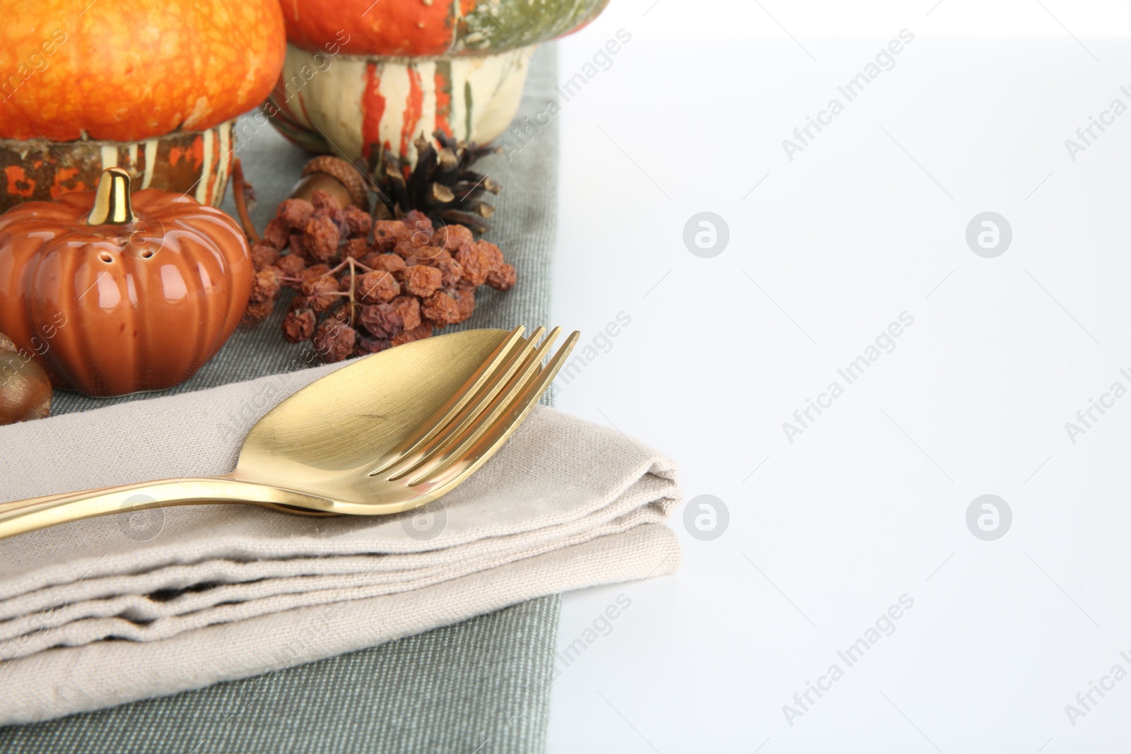 Photo of Beautiful table setting with autumnal decor on white background