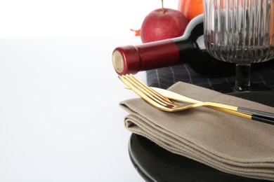 Beautiful table setting with autumnal decor on white background