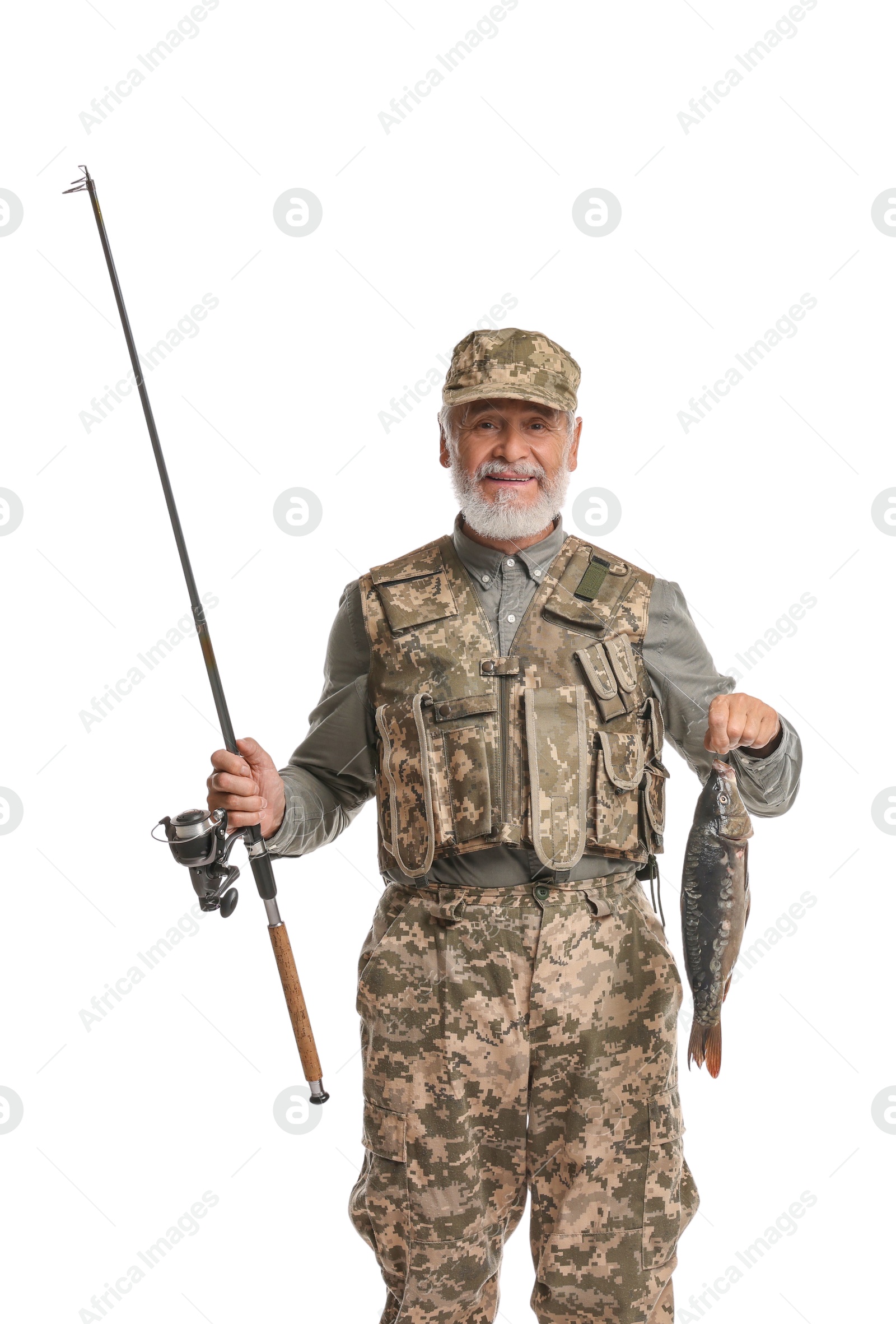 Photo of Fisherman with rod and catch on white background