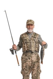 Fisherman with rod and catch on white background