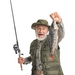 Photo of Fisherman with rod and catch on white background