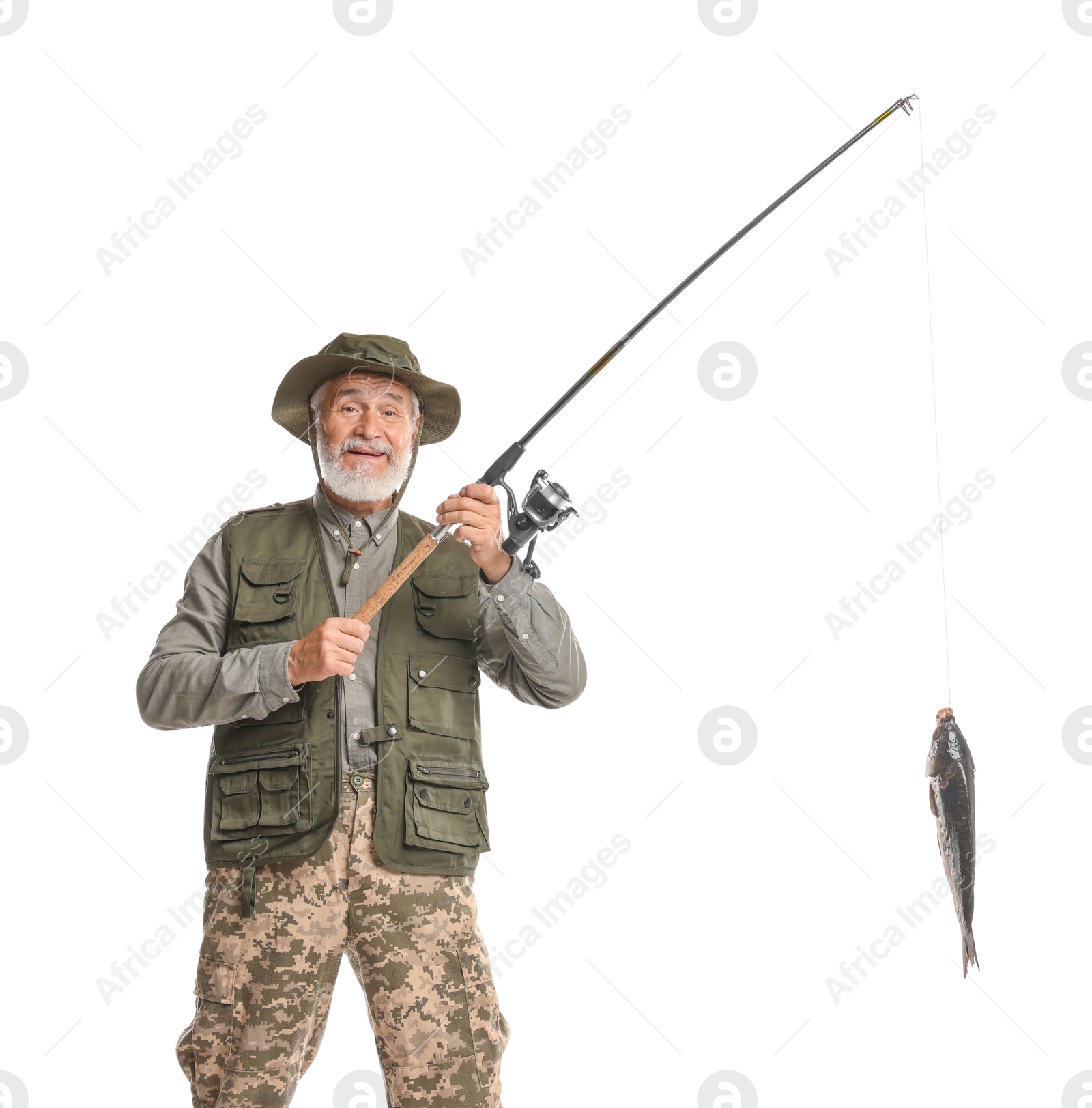 Photo of Fisherman with rod and catch on white background