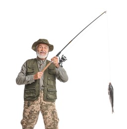 Photo of Fisherman with rod and catch on white background