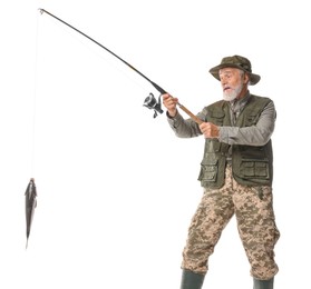 Photo of Fisherman with rod and catch on white background