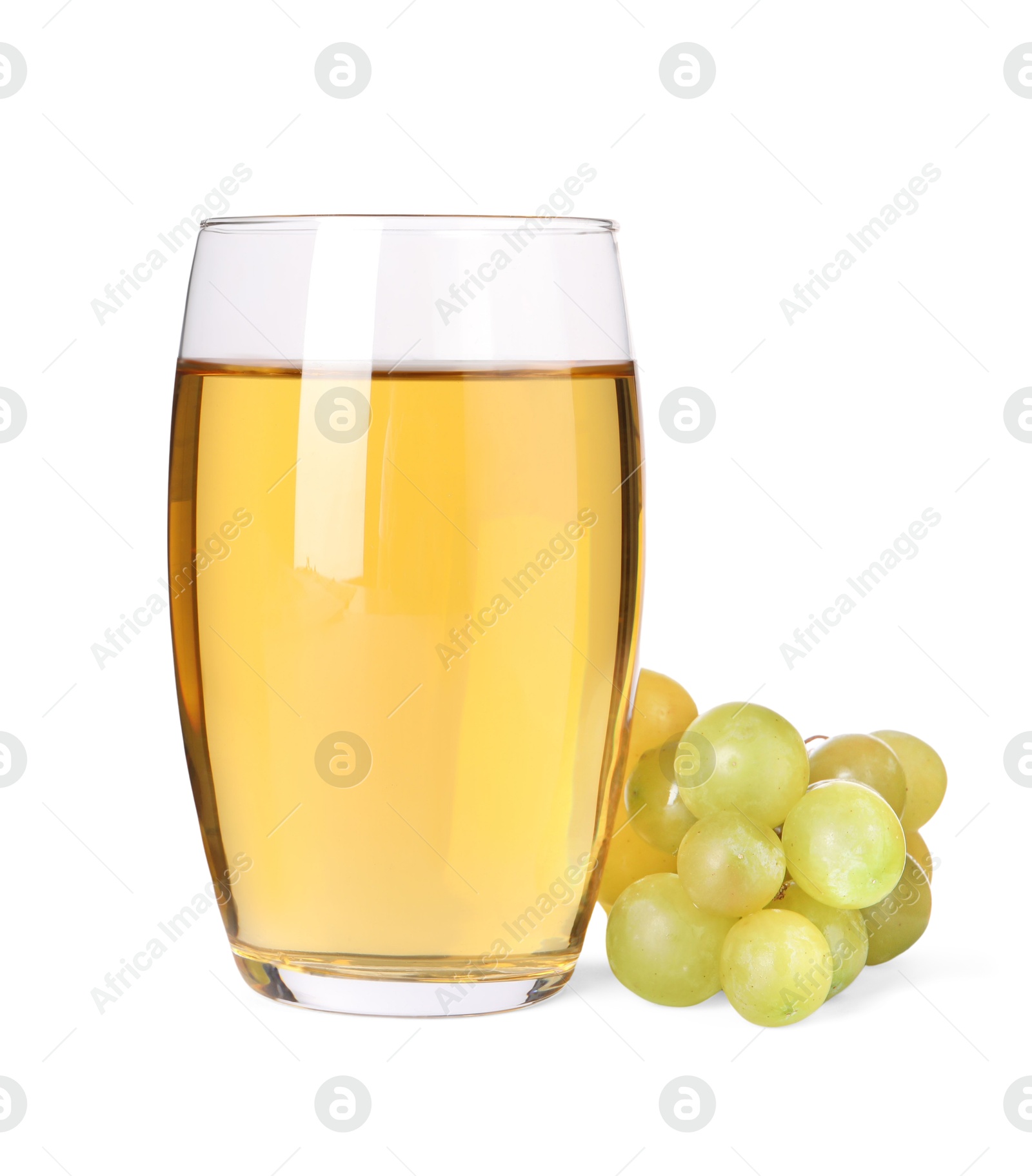 Photo of Tasty grape juice in glass and berries isolated on white