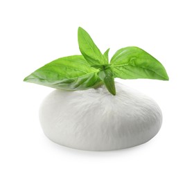 Photo of Delicious burrata cheese and basil isolated on white