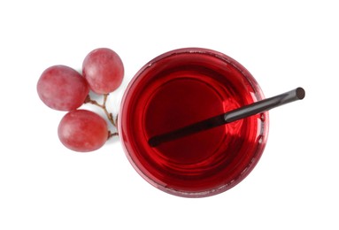 Photo of Ripe grapes and glass of tasty juice isolated on white, top view