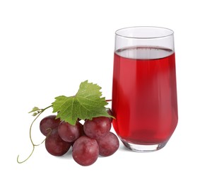 Ripe grapes and glass of tasty juice isolated on white