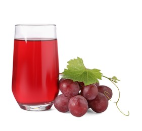 Ripe grapes and glass of tasty juice isolated on white