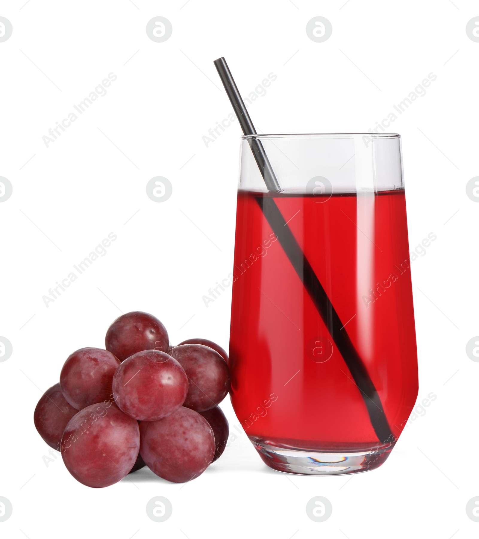 Photo of Ripe grapes and glass of tasty juice isolated on white