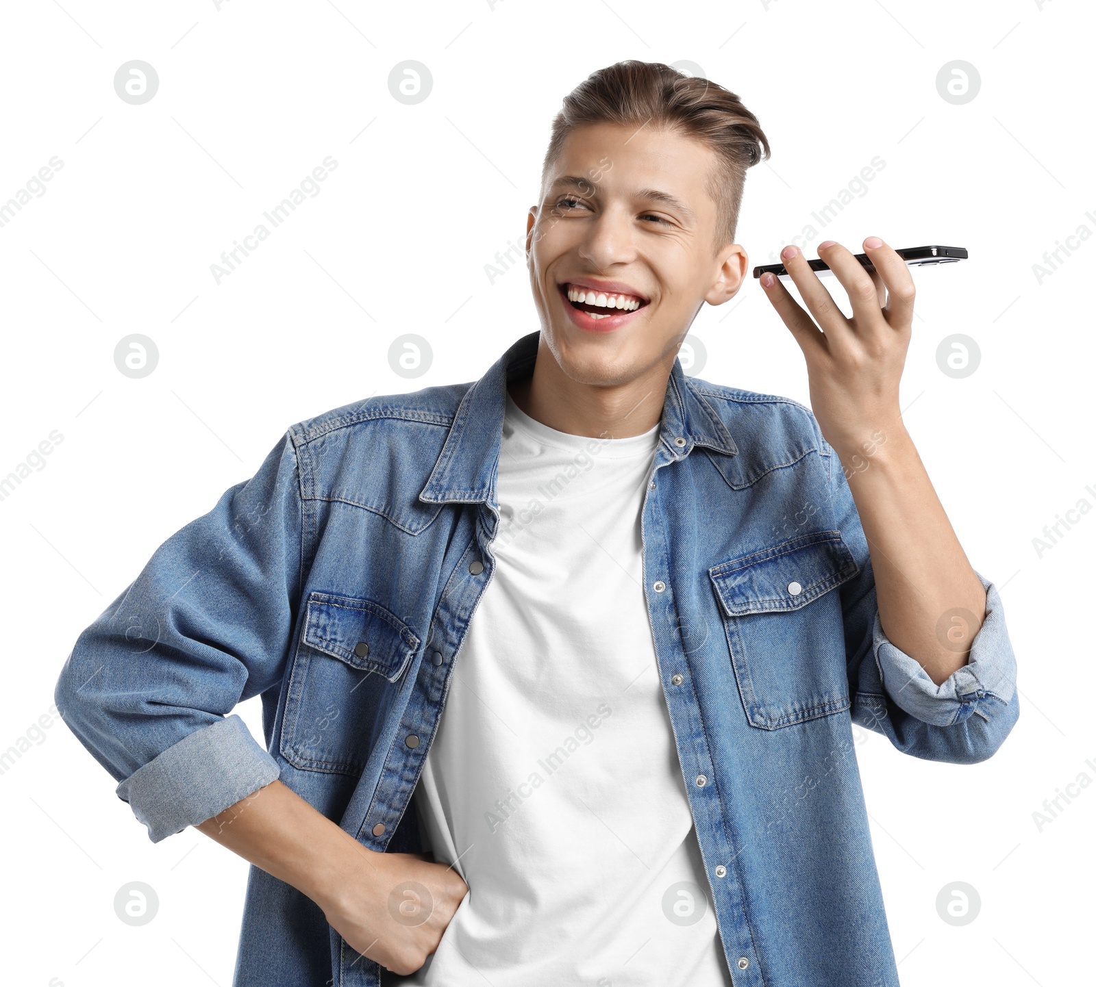 Photo of Young man with smartphone listening to voice message on white background