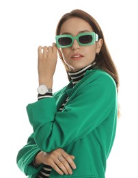 Photo of Beautiful woman in stylish green jacket and sunglasses on white background