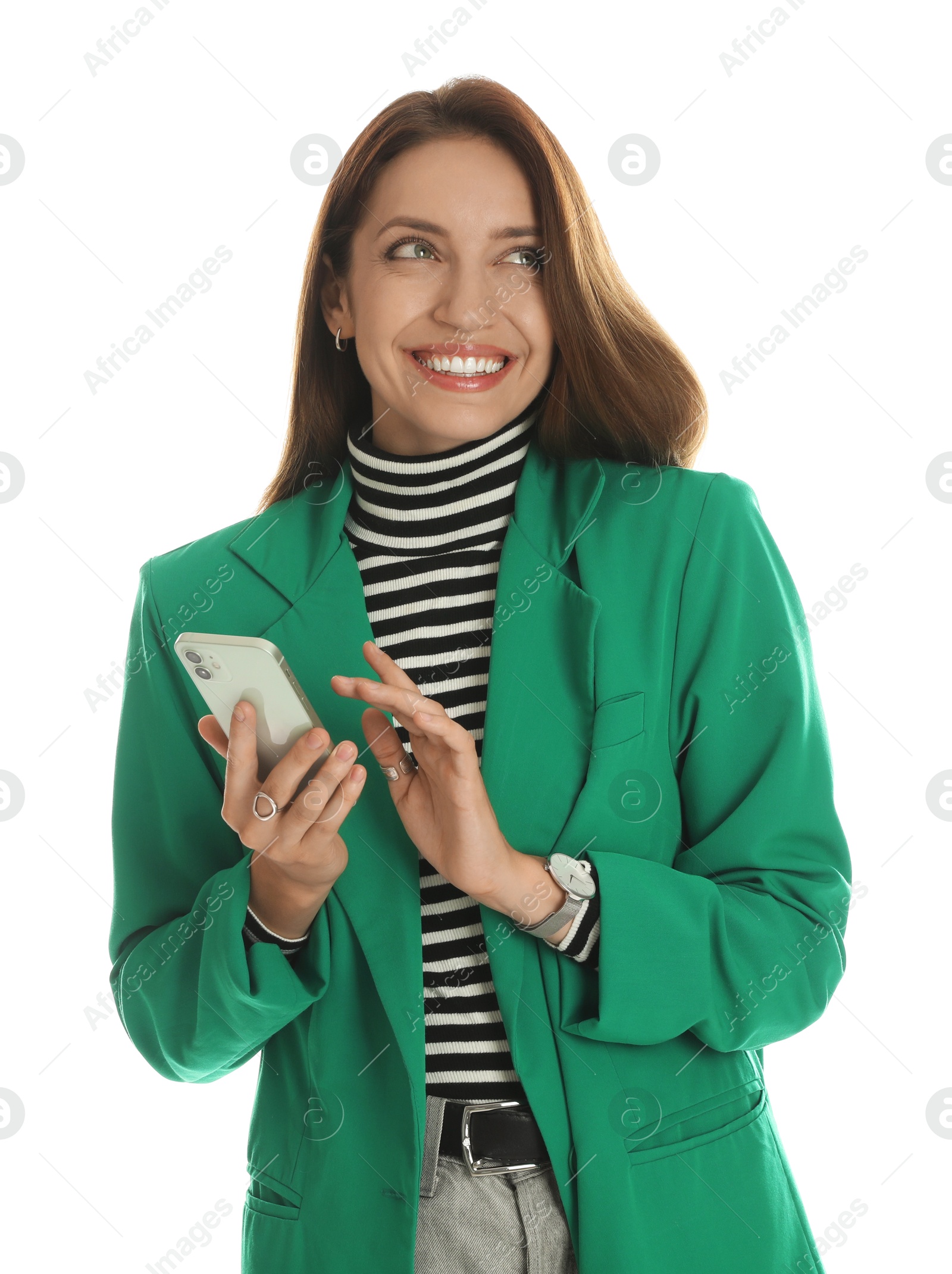 Photo of Beautiful woman in stylish green jacket with phone on white background