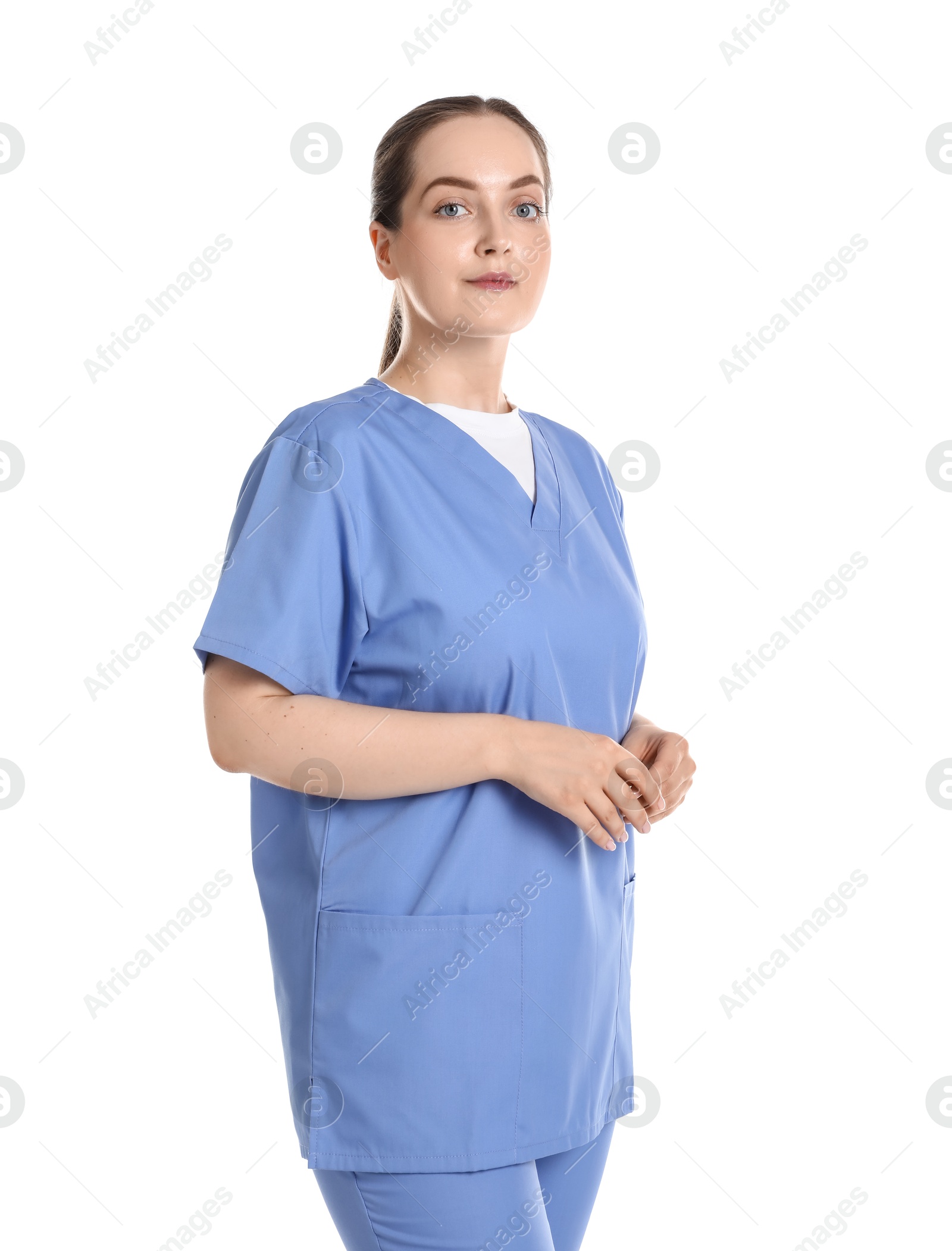 Photo of Portrait of professional nurse in uniform on white background