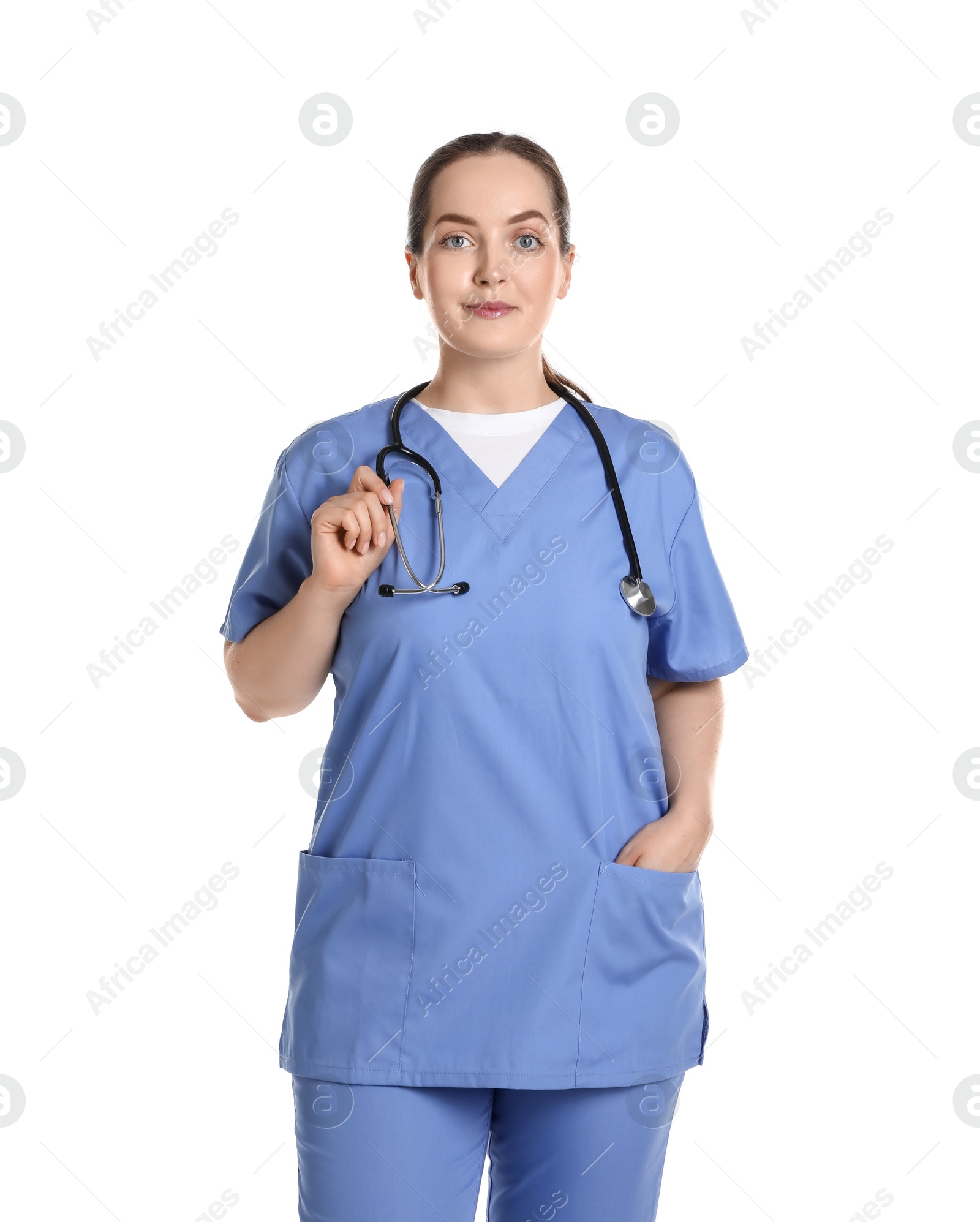 Photo of Portrait of professional nurse with stethoscope on white background