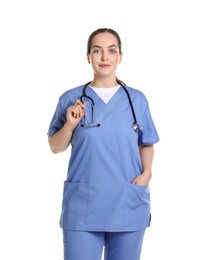 Photo of Portrait of professional nurse with stethoscope on white background