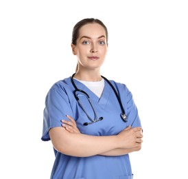 Photo of Portrait of professional nurse with stethoscope on white background