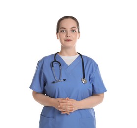 Photo of Portrait of professional nurse with stethoscope on white background