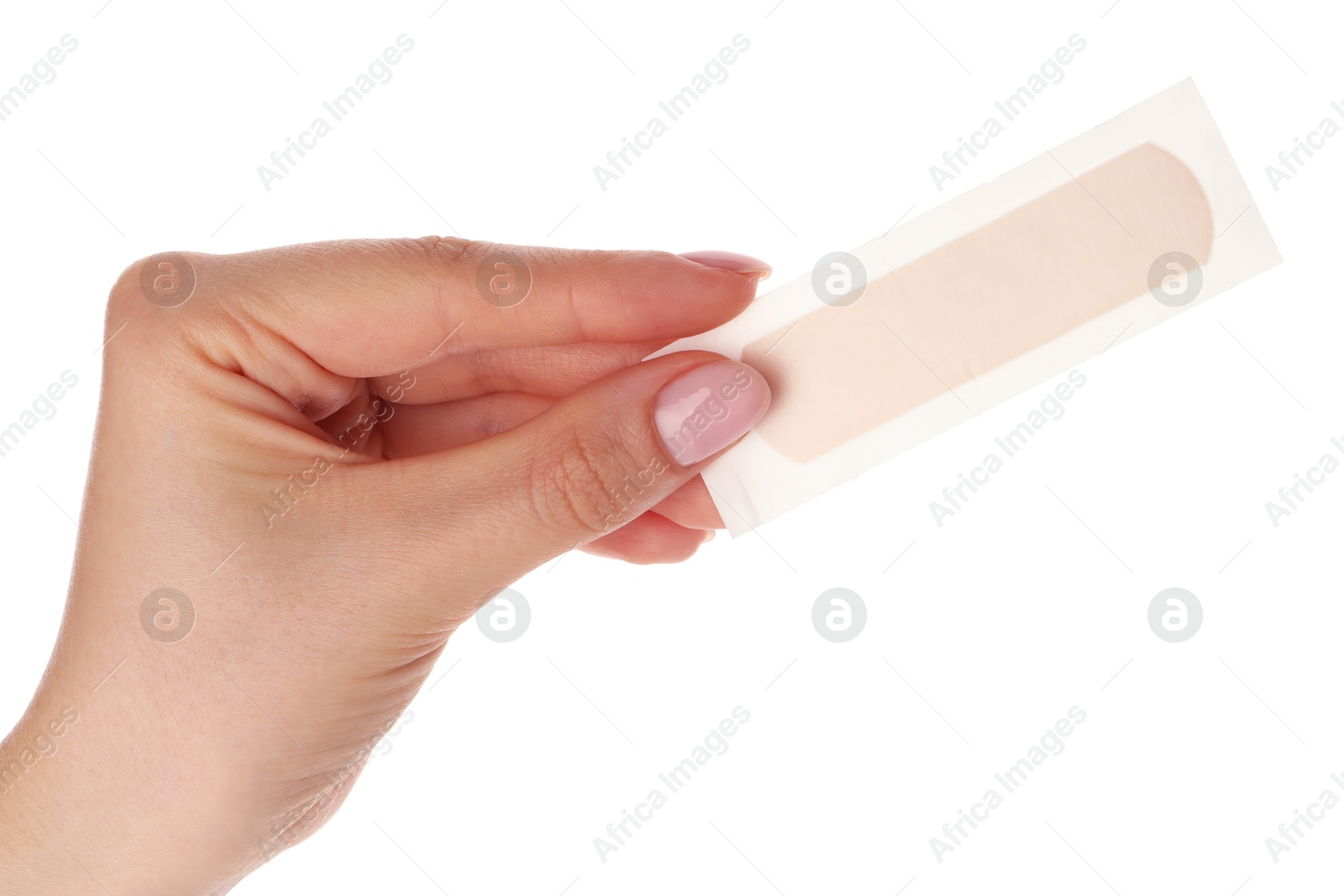 Woman holding medical adhesive bandage on white background, closeup Photo of Woman holding medical adhesive bandage on white background, closeup