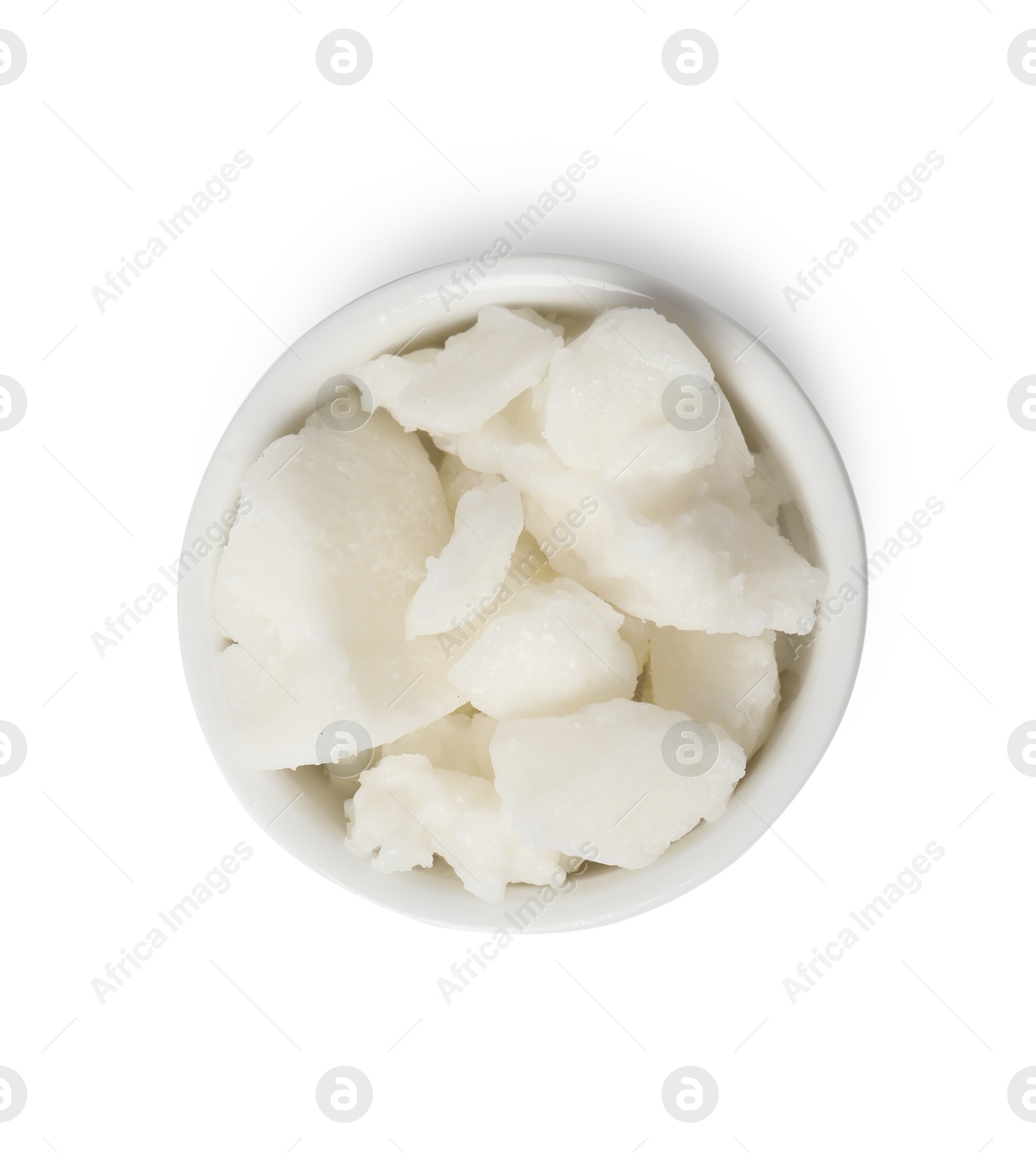 Photo of Shea butter in bowl isolated on white, top view