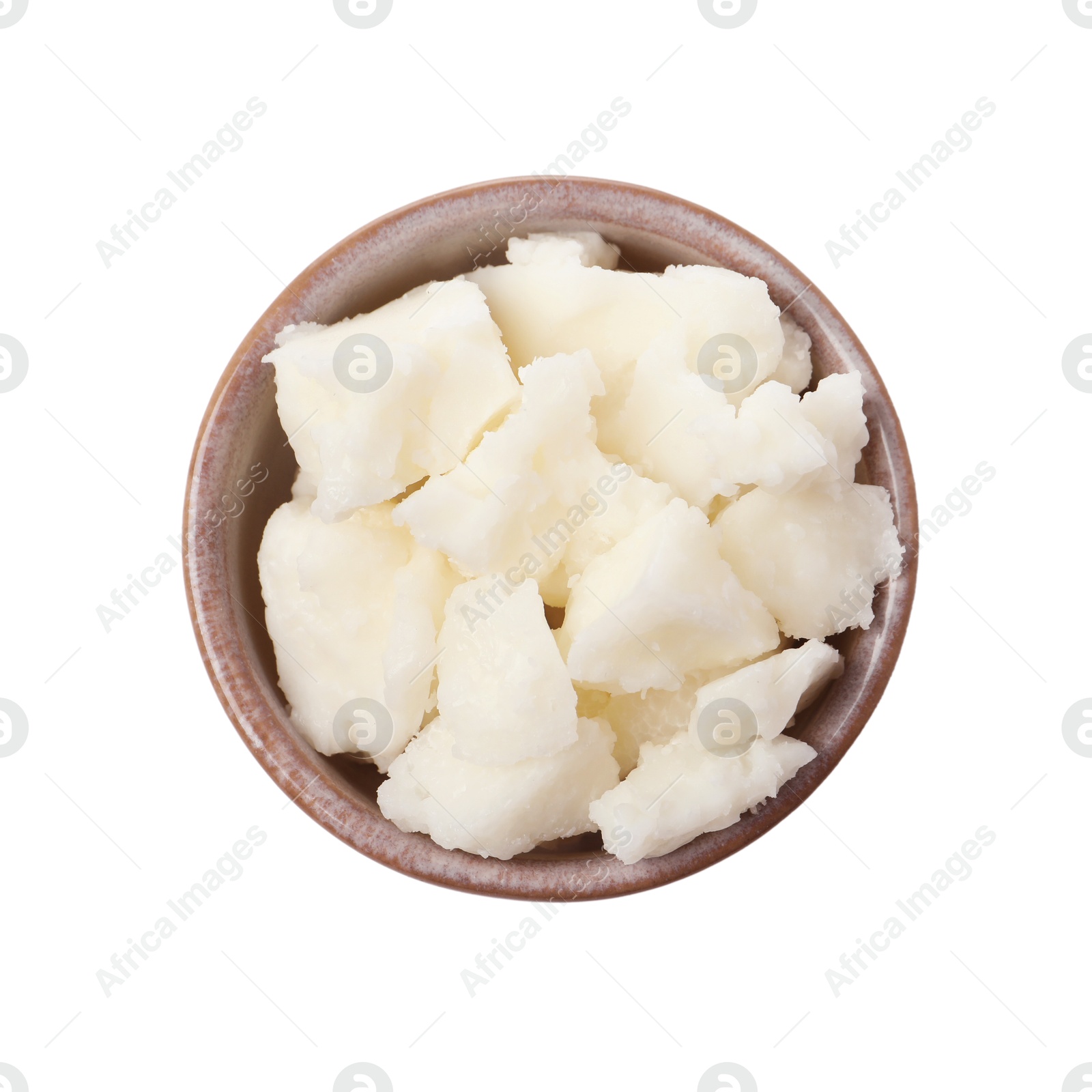 Photo of Shea butter in bowl isolated on white, top view