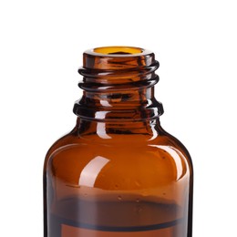 Photo of Bottle of essential oil isolated on white