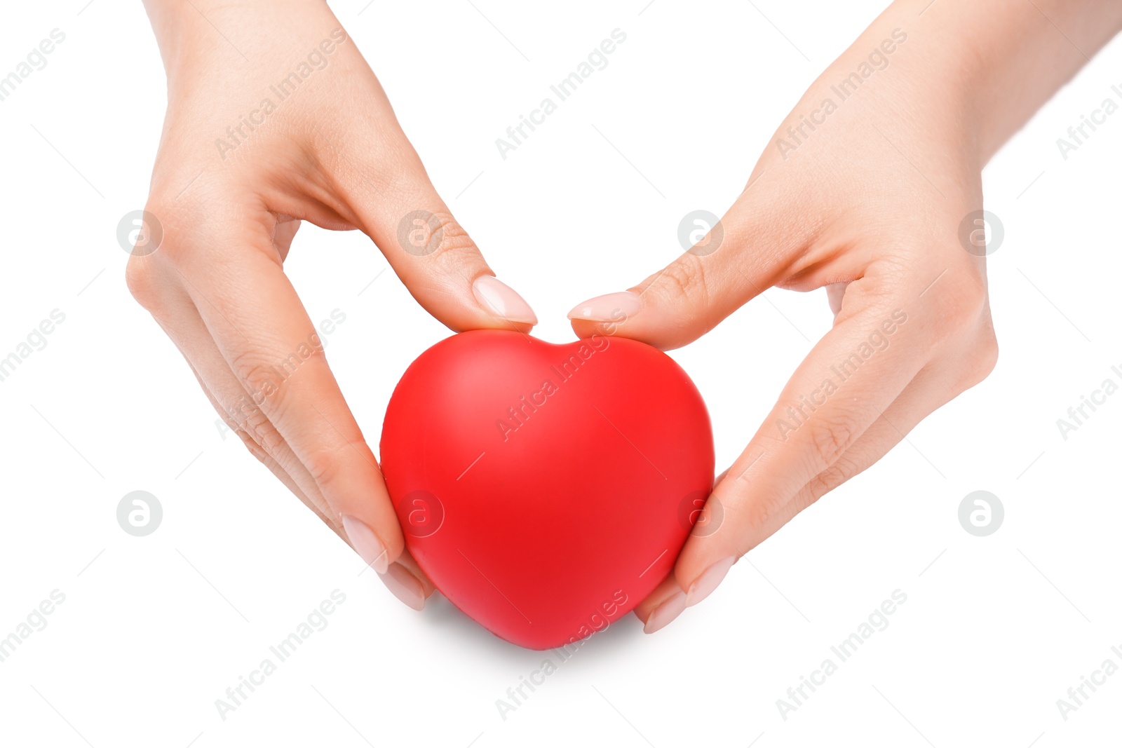 Photo of Woman with red decorative heart at white table, closeup