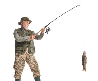 Photo of Fisherman with rod and catch on white background