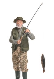 Fisherman with rod and catch on white background