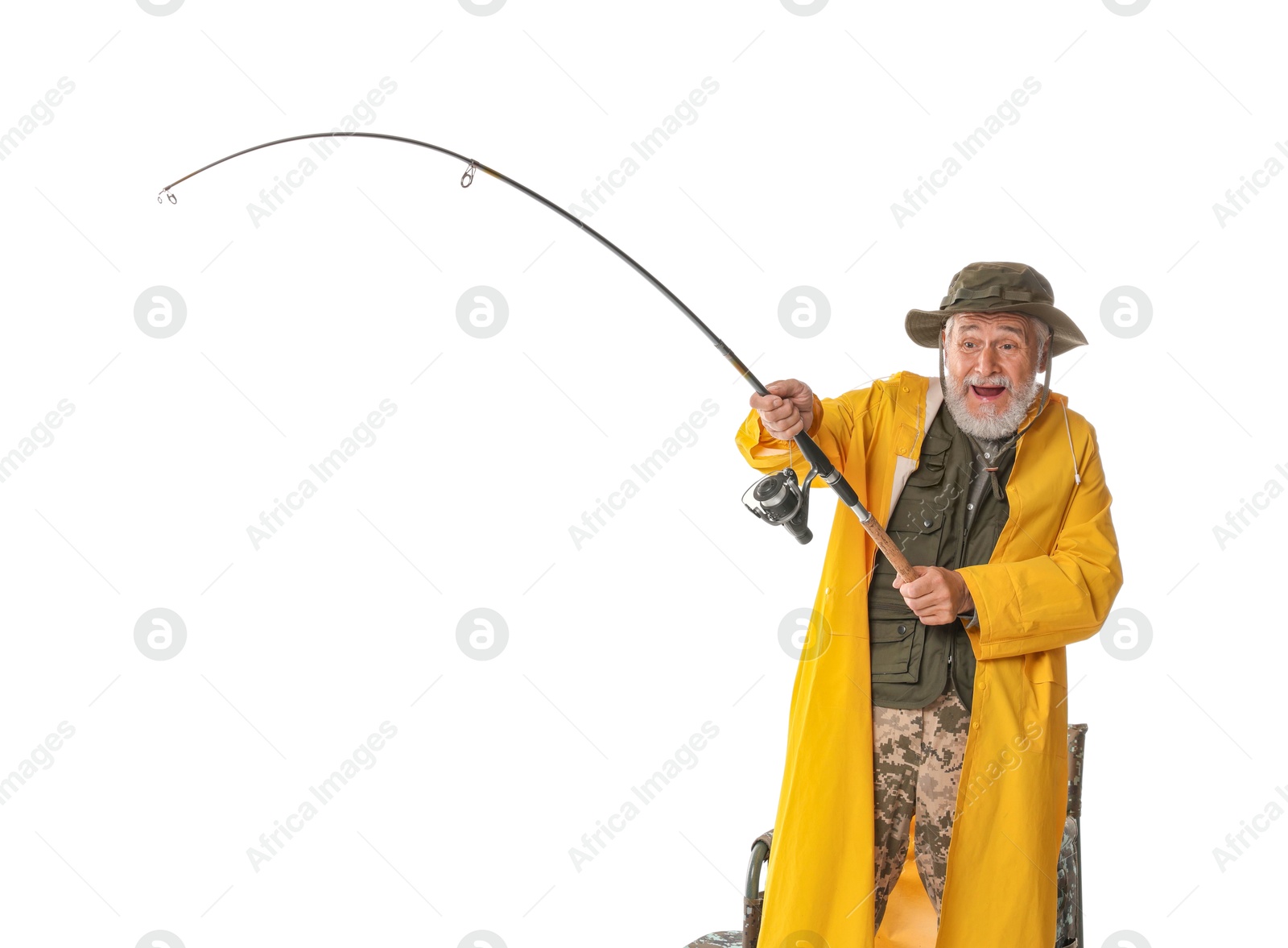 Photo of Fisherman with fishing rod on white background