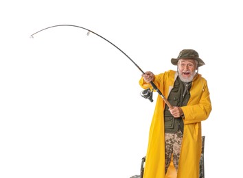 Fisherman with fishing rod on white background