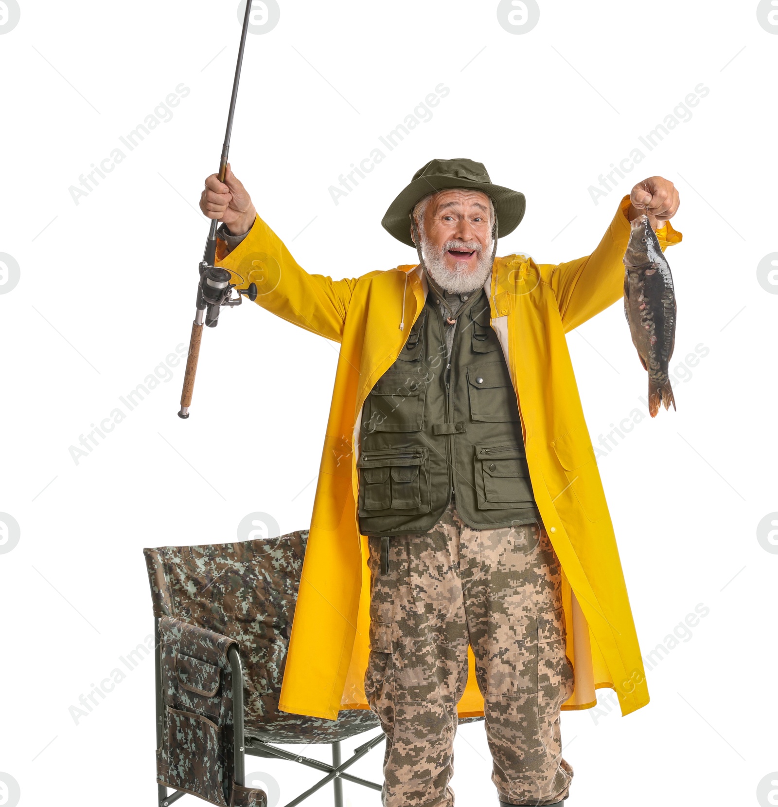 Photo of Fisherman with rod and catch on white background