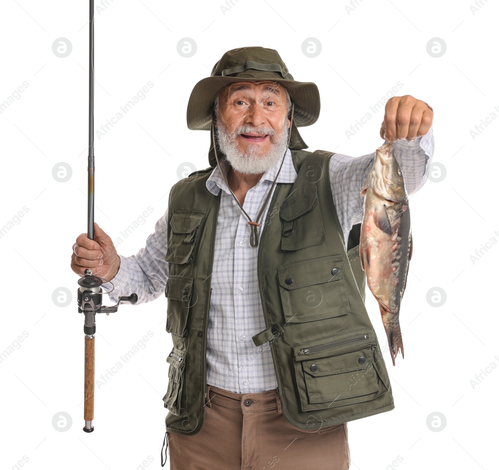 Photo of Fisherman with rod and catch on white background