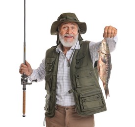 Fisherman with rod and catch on white background