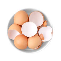 Photo of Broken eggshells in bowl isolated on white, top view