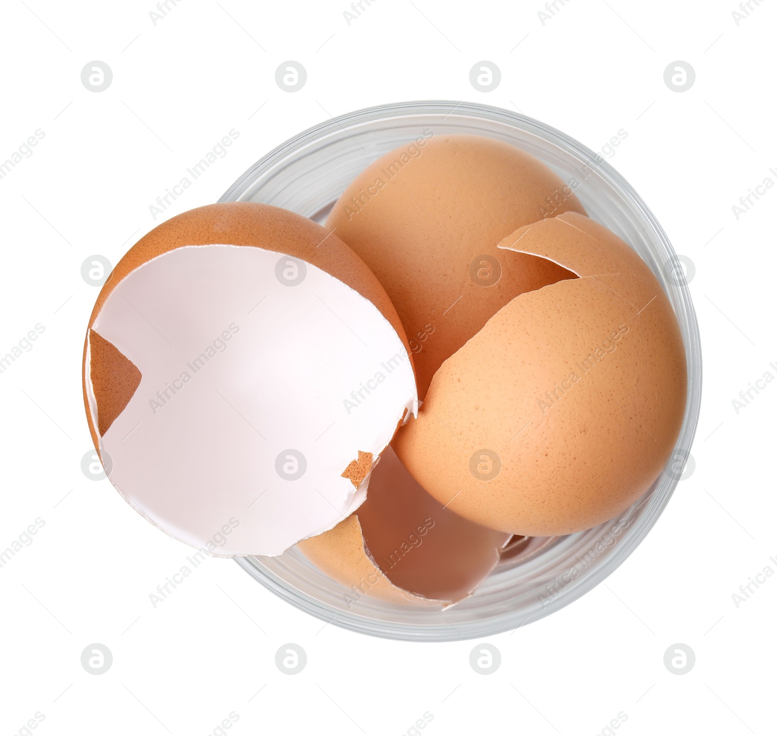 Photo of Broken eggshells isolated on white, top view