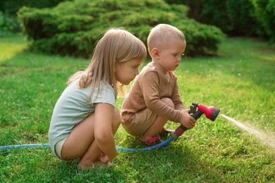 Photo of Little boy and his sister watering lawn with hose in backyard