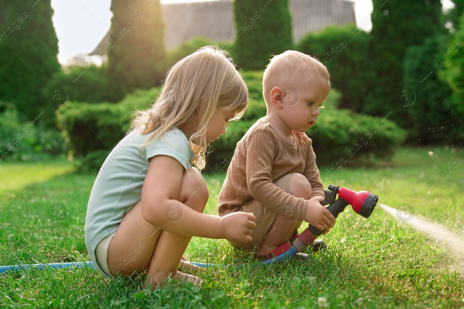 Photo of Little boy and his sister watering lawn with hose in backyard