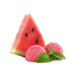 Photo of Scoops of tasty watermelon sorbet, fresh fruit and mint isolated on white