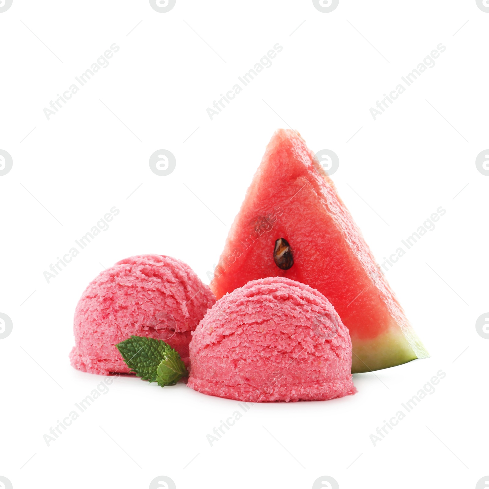 Photo of Scoops of tasty watermelon sorbet, fresh fruit and mint isolated on white