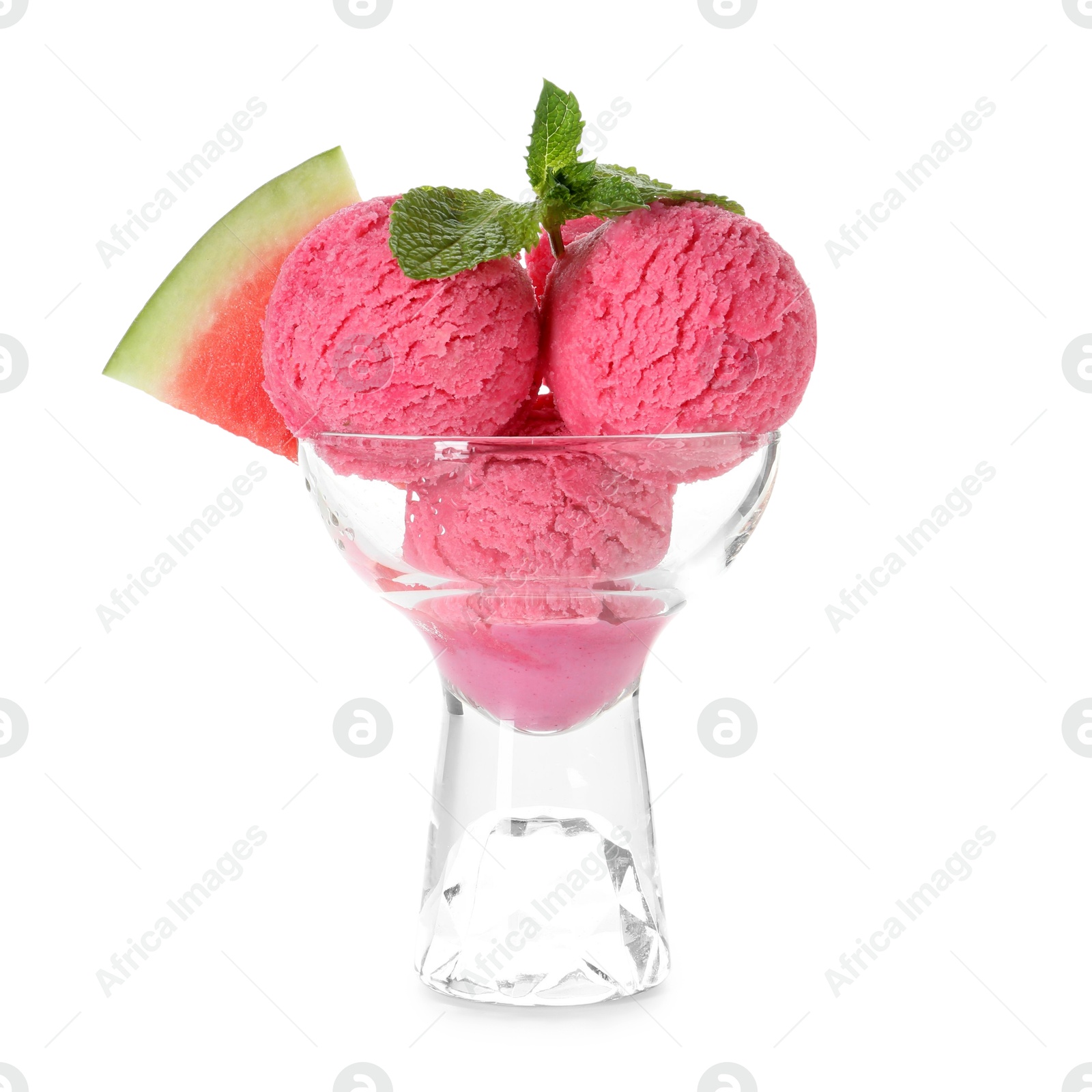 Photo of Scoops of tasty watermelon sorbet in glass dessert bowl, fresh fruit and mint isolated on white