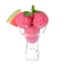 Photo of Scoops of tasty watermelon sorbet in glass dessert bowl, fresh fruit and mint isolated on white