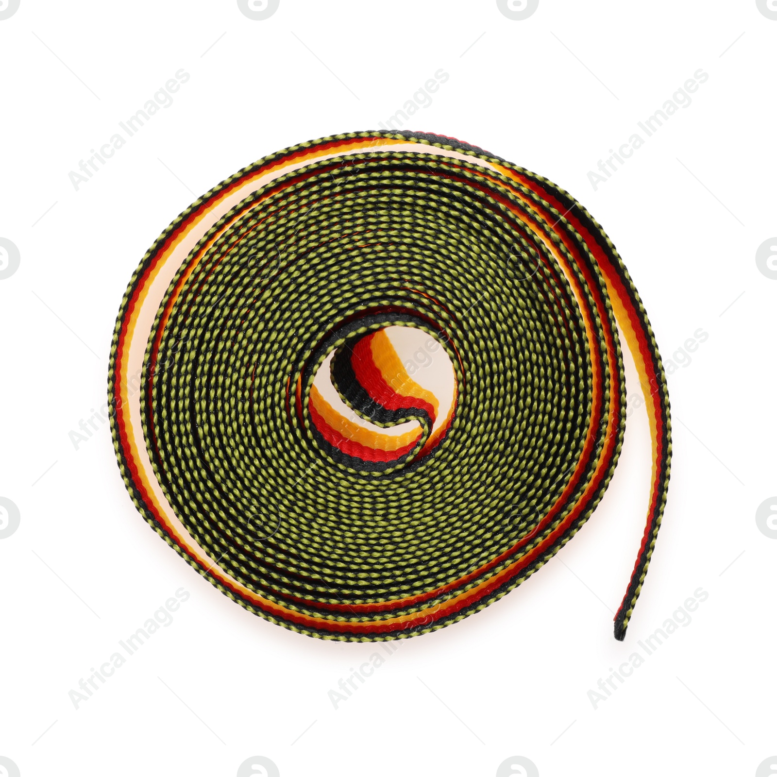 Photo of Roll of colorful ribbon isolated on white, top view