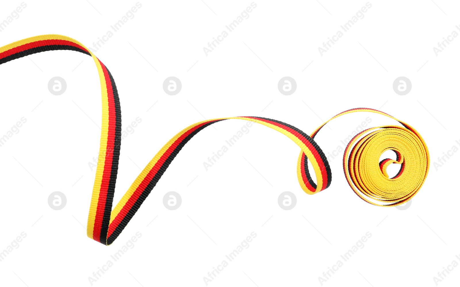 Photo of Ribbon in colors of German flag isolated on white, top view