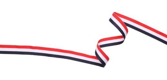 Photo of Ribbon in colors of Yemeni flag isolated on white, top view