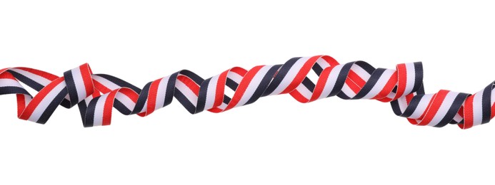 Photo of Ribbon in colors of Yemeni flag isolated on white, top view