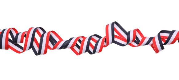 Photo of Ribbon in colors of Yemeni flag isolated on white, top view