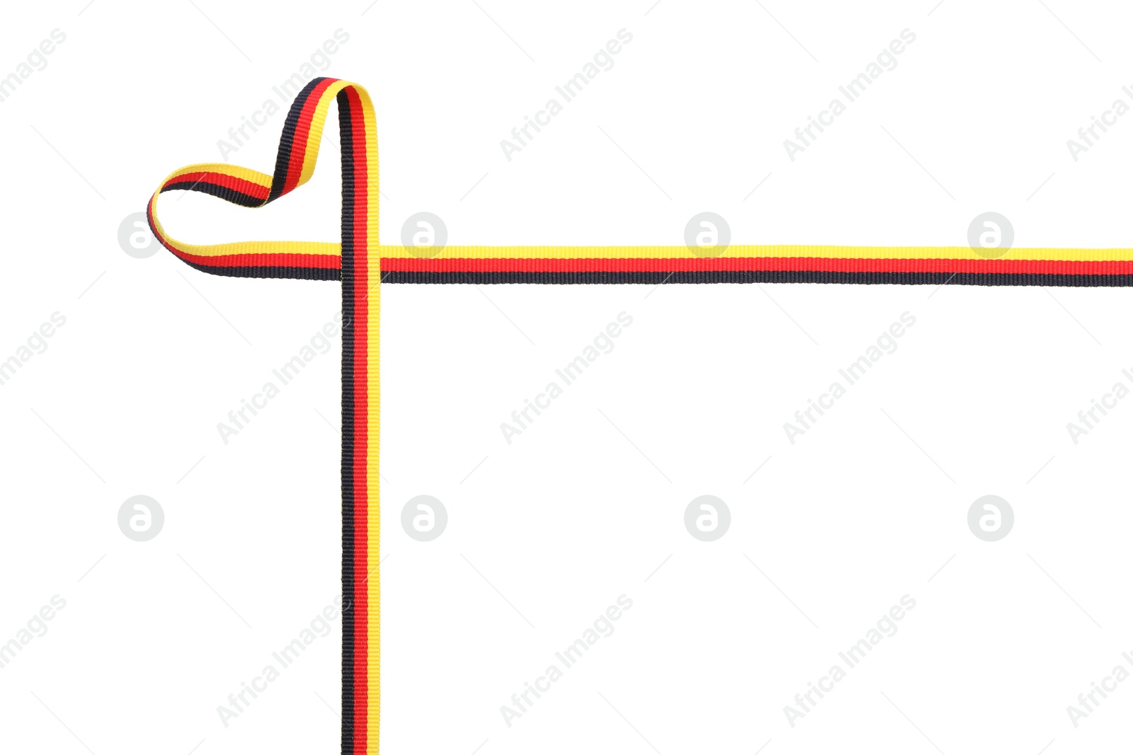 Photo of Heart made with ribbon in colors of German flag isolated on white, top view