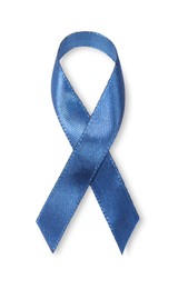 Photo of Dark blue ribbon isolated on white, top view. Prostate cancer awareness